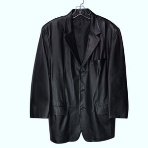 J Ferrar Men's Black‎ Leather Single Breasted Jacket Blazer Classic Y2k Goth Med
